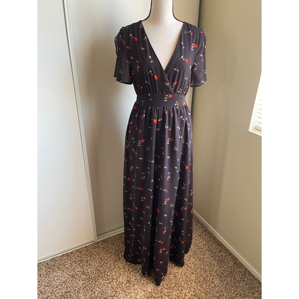 Madewell Floral Faux Wrap Maxi Dress Black Red Ditsy Print V-Neck Size 00